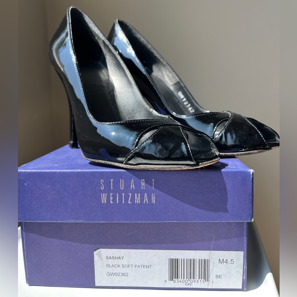 Stuart Weitzman Glossy Black Peep-Toe Heels Size 4.5 M